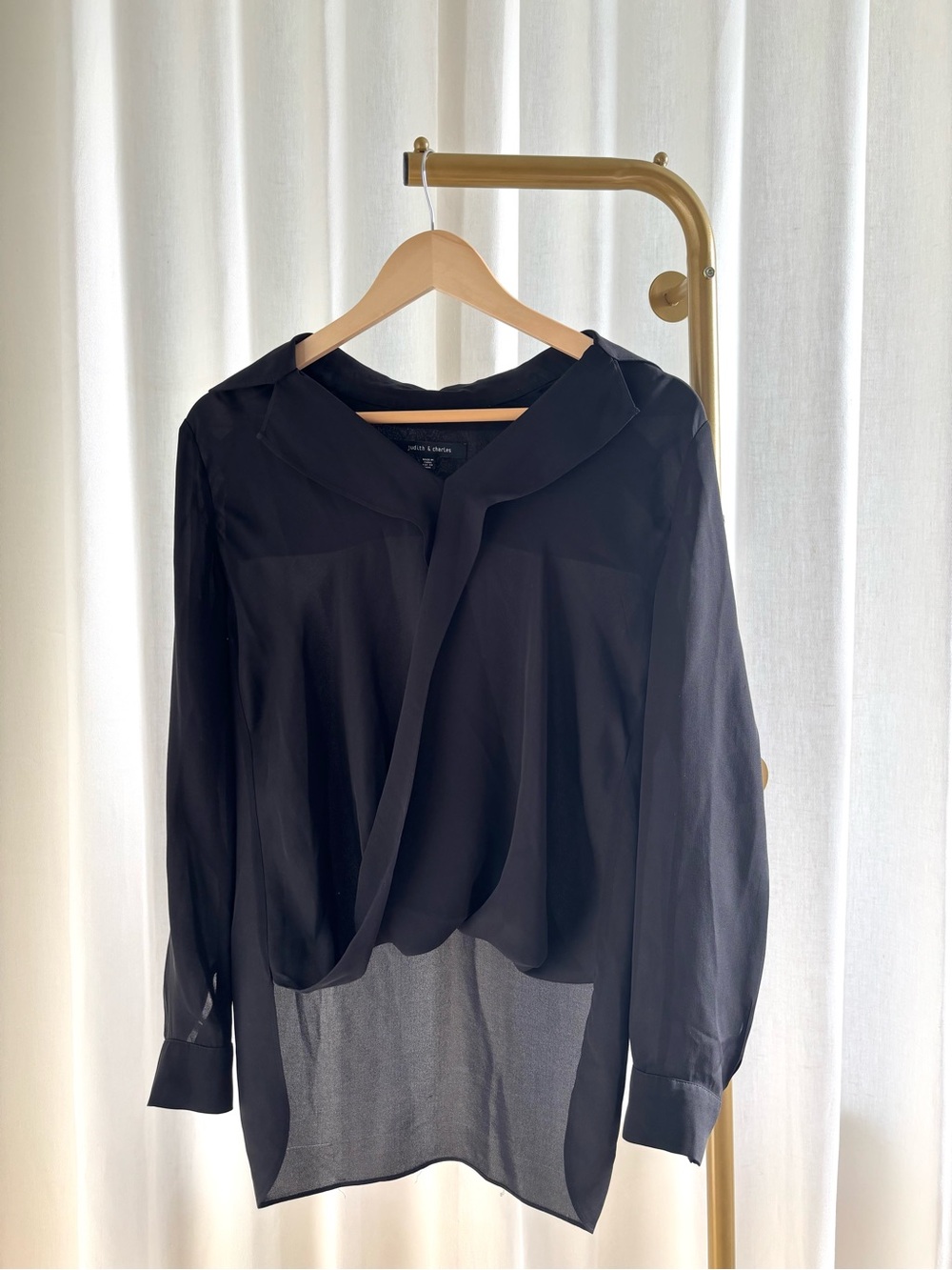 100% Silk Black Draped V-Neck Long-Sleeve Women's Top - stitching line in back